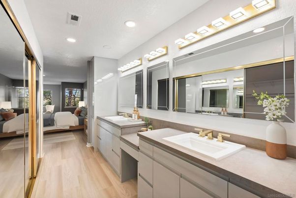 Bathroom, Bedroom, Dual Sink Vanities, Interior, Recessed Lighting, Wood Texture Flooring