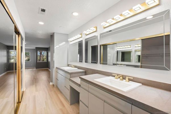 Bathroom, Dual Sink Vanities, Interior, Recessed Lighting, Wood Texture Flooring