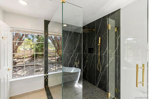 Bathroom, Free Standing Baths, Glass Shower, Interior, Marble Walls, Recessed Lighting