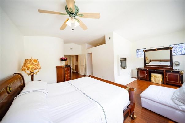 Bedroom, Fireplace, Interior, Wood Texture Flooring