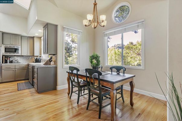 Chandelier, Dining room, Interior, Kitchen, Recessed Lighting, Wood Texture Flooring