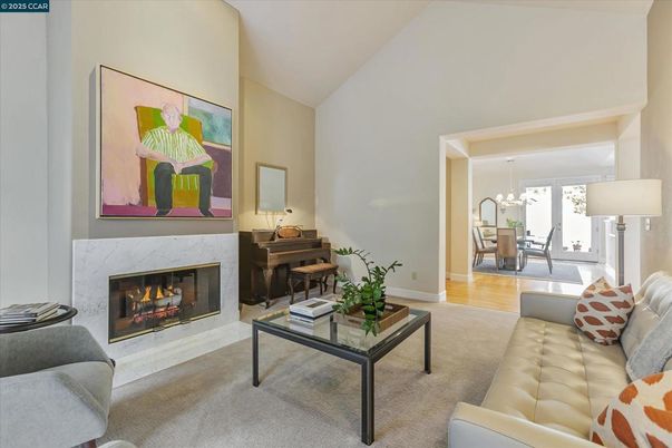 Dining room, Fireplace, Interior, Living room, Pendant Lights, Piano, Wood Texture Flooring