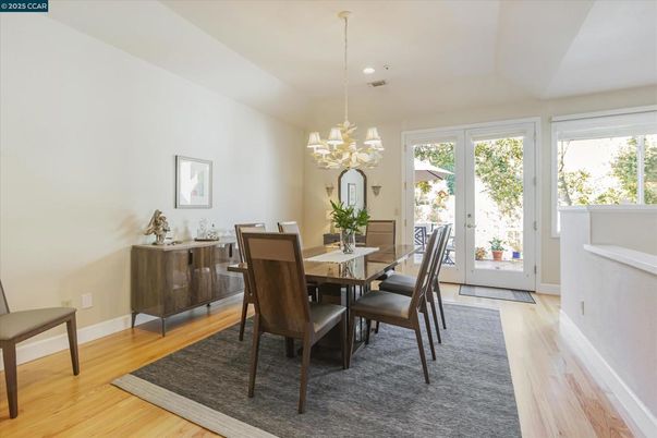 Chandelier, Dining room, Interior, Pendant Lights, Recessed Lighting, Wood Texture Flooring