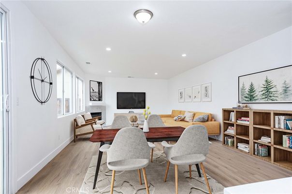 Fireplace, Home Office, Interior, Living room, Recessed Lighting, Wood Texture Flooring