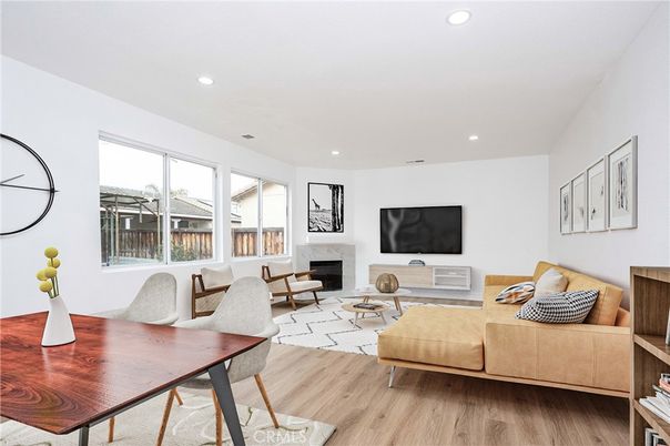 Fireplace, Interior, Living room, Recessed Lighting, Wood Texture Flooring