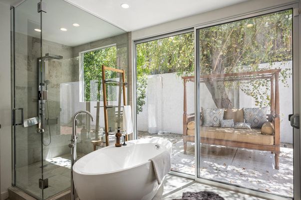 Bathroom, Free Standing Baths, Glass Shower, Interior, Recessed Lighting
