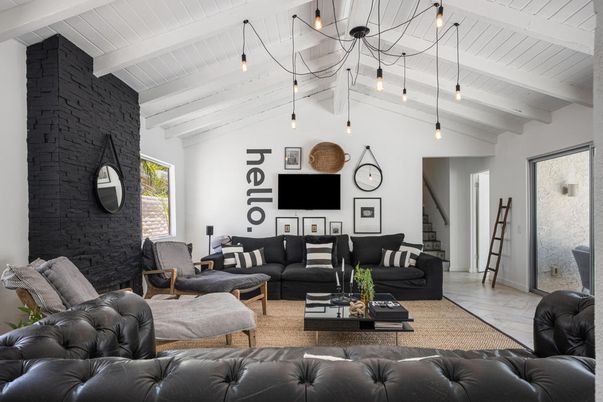 Interior, Living room, Pendant Lights, Stone Walls