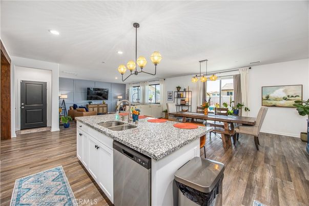 Chandelier, Dining room, Interior, Kitchen, Living room, Pendant Lights, Recessed Lighting, Wood Texture Flooring