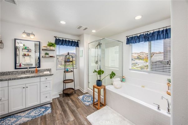 Bathroom, Glass Shower, Interior, Recessed Lighting, Wood Texture Flooring