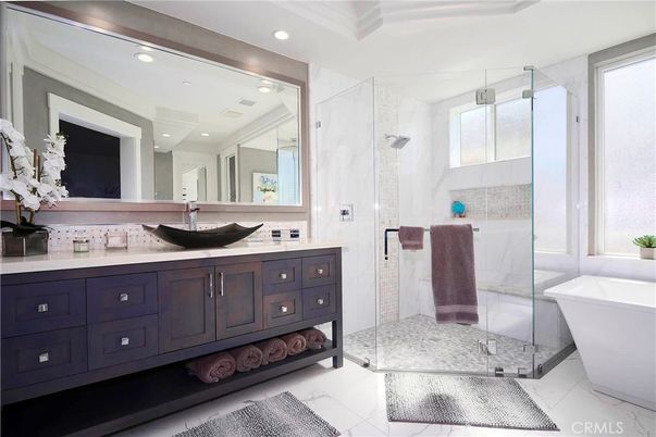 Bathroom, Dual Sink Vanities, Free Standing Baths, Glass Shower, Interior, Marble, Marble Walls, Recessed Lighting