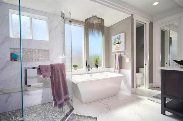 Bathroom, Free Standing Baths, Glass Shower, Interior, Marble, Marble Walls, Recessed Lighting
