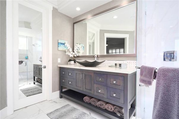 Bathroom, Dual Sink Vanities, Glass Shower, Interior, Marble, Recessed Lighting