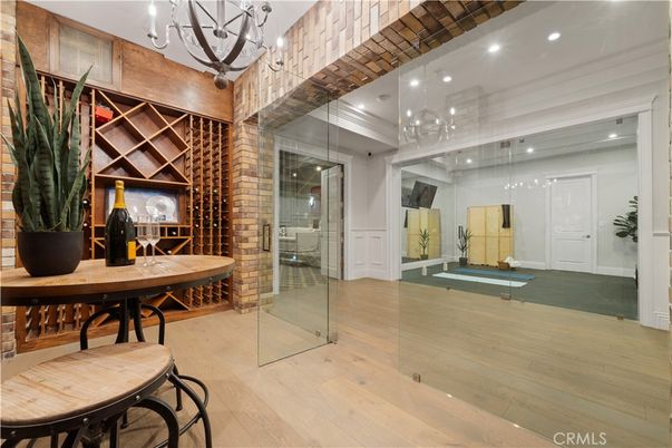 Chandelier, Interior, Recessed Lighting, Wine Storage, Wood Texture Flooring