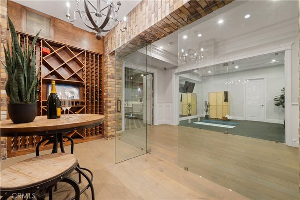Chandelier, Interior, Recessed Lighting, Wine Storage, Wood Texture Flooring