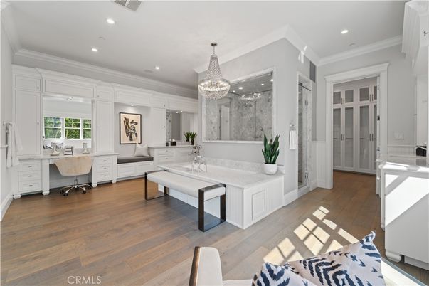 Chandelier, Home Office, Interior, Recessed Lighting, Wood Texture Flooring