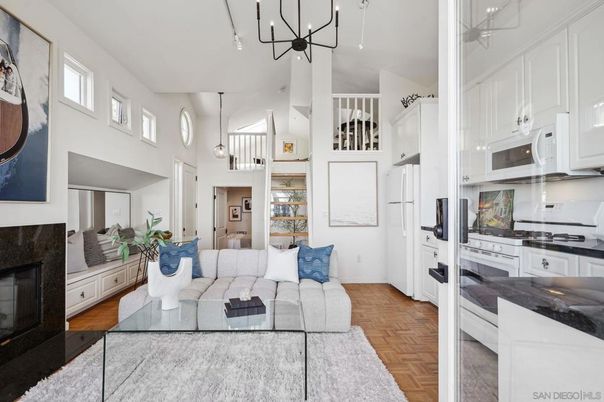 Fireplace, Interior, Kitchen, Living room, Pendant Lights, Wood Texture Flooring