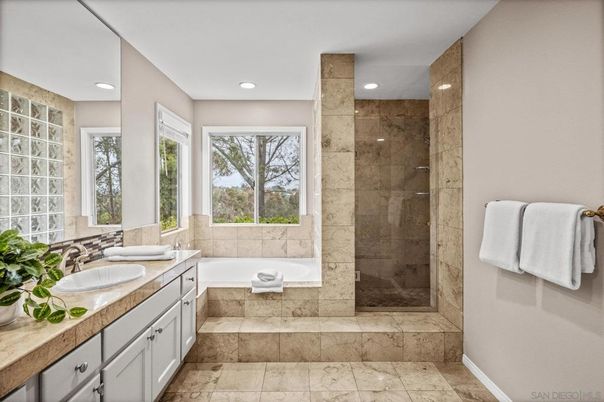 Bathroom, Dual Sink Vanities, Glass Shower, Interior, Recessed Lighting