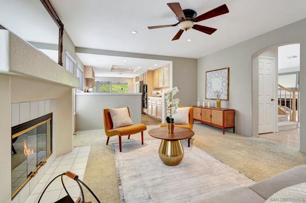 Fireplace, Interior, Kitchen, Recessed Lighting, Wood Texture Flooring