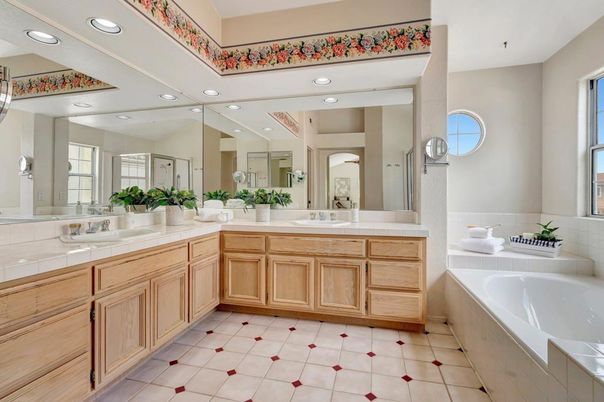 Bathroom, Dual Sink Vanities, Interior, Recessed Lighting, Tile Countertops
