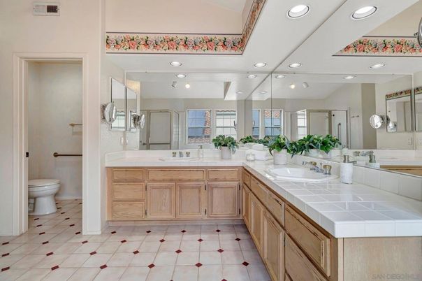 Bathroom, Dual Sink Vanities, Interior, Recessed Lighting, Tile Countertops