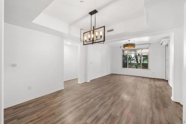 Empty room, Interior, Pendant Lights, Recessed Lighting, Wood Texture Flooring