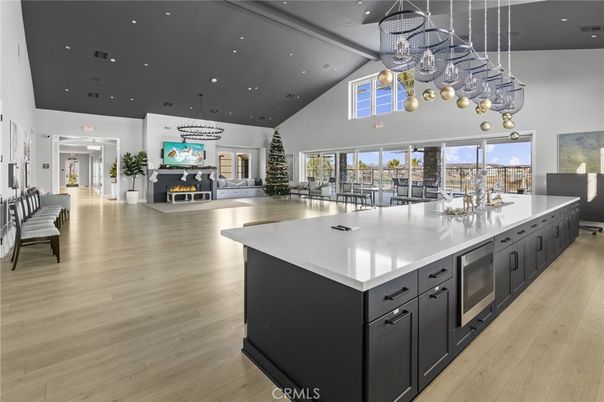 Fireplace, Interior, Kitchen, Pendant Lights, Recessed Lighting, Wood Texture Flooring