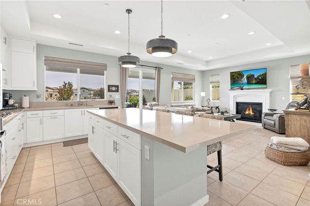 Fireplace, Interior, Kitchen, Living room, Pendant Lights, Recessed Lighting, Stainless Steel Appliances