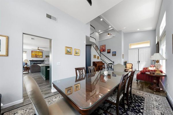 Dining room, Interior, Living room, Recessed Lighting, Wood Texture Flooring