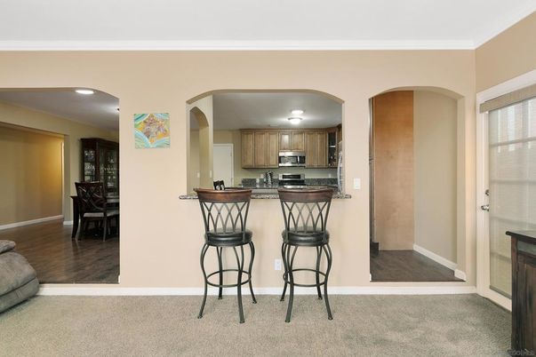 Dining room, Interior, Kitchen, Recessed Lighting, Stainless Steel Appliances, Wood Texture Flooring