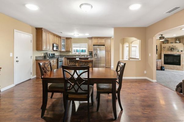 Dining room, Interior, Kitchen, Recessed Lighting, Stainless Steel Appliances, Wood Texture Flooring