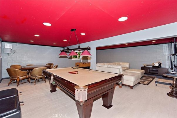 Billiard Table, Game Room, Interior, Pendant Lights, Recessed Lighting, Stone Walls, Wood Texture Flooring
