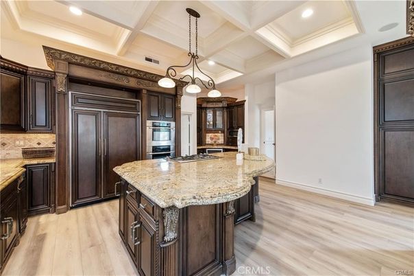 Chandelier, Interior, Kitchen, Pendant Lights, Recessed Lighting, Stainless Steel Appliances, Wood Texture Flooring