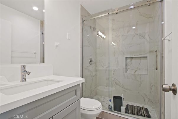 Bathroom, Glass Shower, Interior, Marble Walls, Recessed Lighting