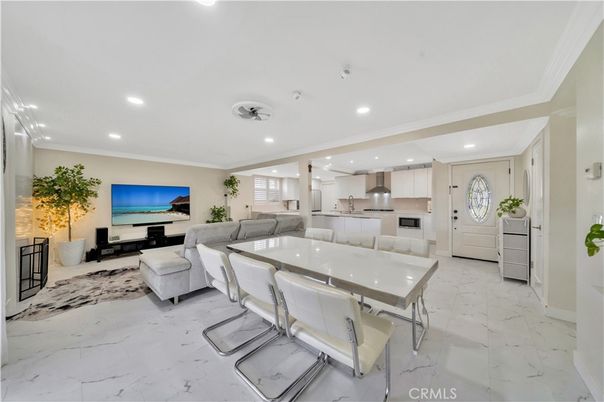 Dining room, Interior, Kitchen, Living room, Marble, Recessed Lighting, Stainless Steel Appliances