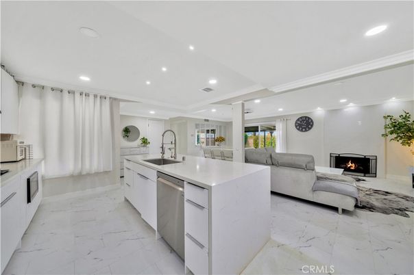 Fireplace, Interior, Kitchen, Living room, Marble, Recessed Lighting