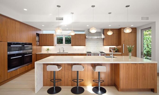 Interior, Kitchen, Pendant Lights, Recessed Lighting, Stainless Steel Appliances, Wood Texture Flooring