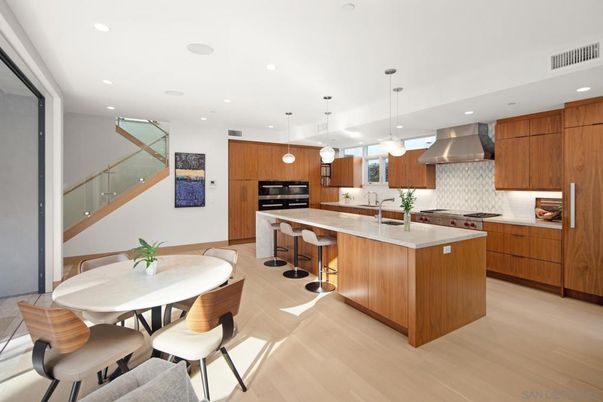Dining room, Interior, Kitchen, Pendant Lights, Recessed Lighting, Stainless Steel Appliances, Wood Texture Flooring