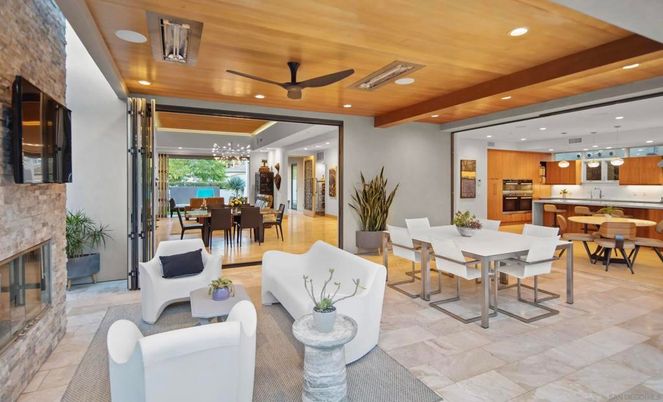 Dining room, Fireplace, Interior, Kitchen, Living room, Pendant Lights, Recessed Lighting, Stainless Steel Appliances, Wooden Beams, Wooden Ceilings