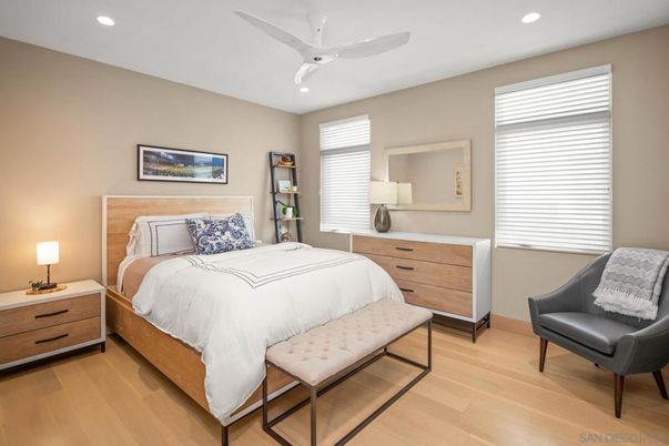 Bedroom, Interior, Recessed Lighting, Wood Texture Flooring