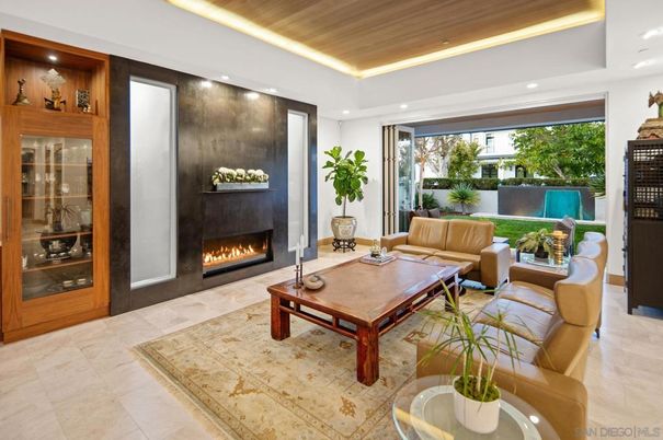 Fireplace, Interior, Living room, Recessed Lighting, Wooden Ceilings