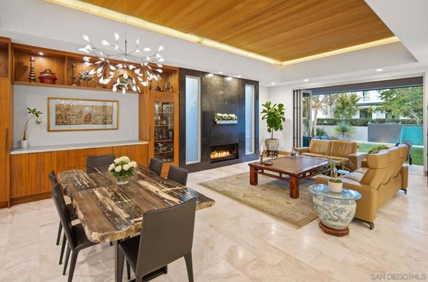 Dining room, Fireplace, Interior, Living room, Pendant Lights, Recessed Lighting, Wooden Ceilings
