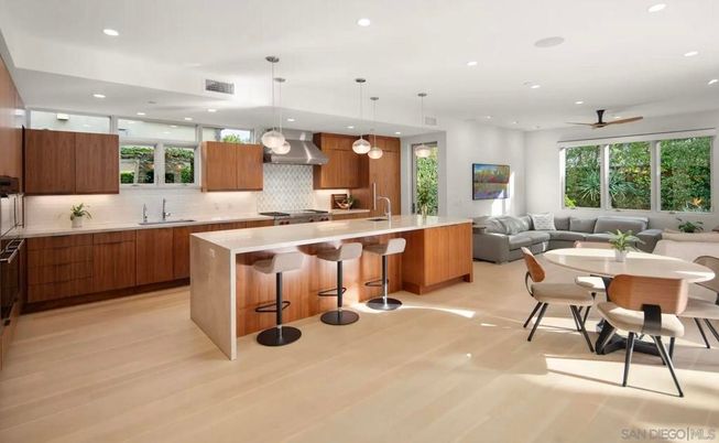 Dining room, Interior, Kitchen, Living room, Pendant Lights, Recessed Lighting, Stainless Steel Appliances, Wood Texture Flooring