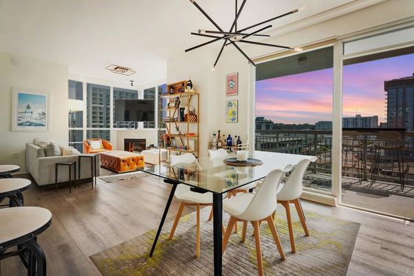 Dining room, Fireplace, Interior, Living room, Pendant Lights, Wood Texture Flooring