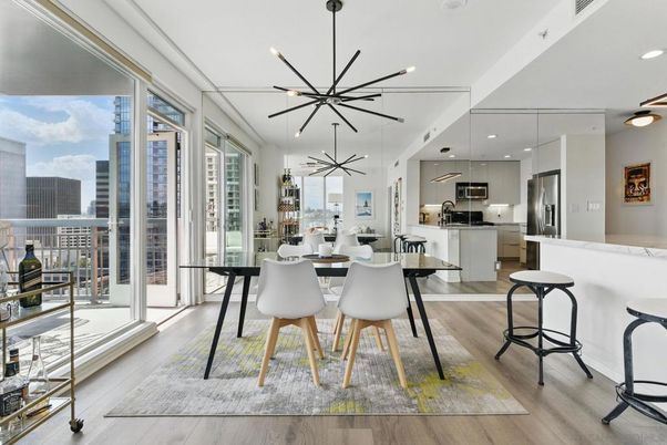 Dining room, Interior, Kitchen, Pendant Lights, Recessed Lighting, Stainless Steel Appliances, Wood Texture Flooring