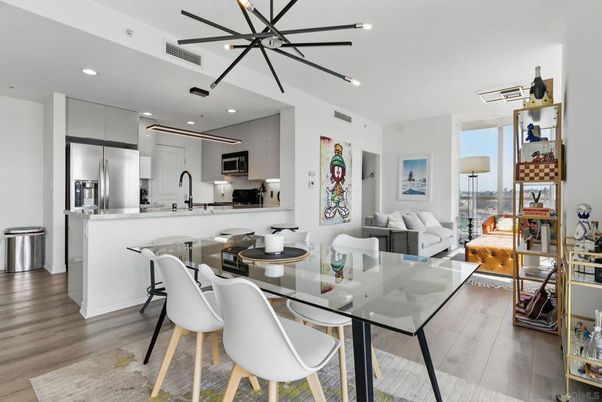Dining room, Interior, Kitchen, Living room, Pendant Lights, Recessed Lighting, Stainless Steel Appliances, Wood Texture Flooring