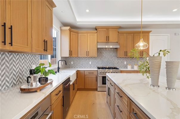 Interior, Kitchen, Pendant Lights, Recessed Lighting, Stainless Steel Appliances, Wood Texture Flooring