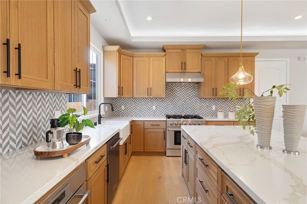 Interior, Kitchen, Pendant Lights, Recessed Lighting, Stainless Steel Appliances, Wood Texture Flooring