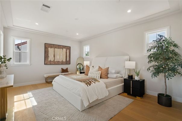 Bedroom, Interior, Recessed Lighting, Wood Texture Flooring
