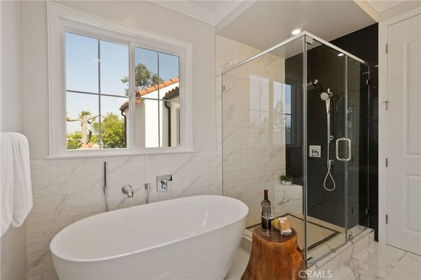 Bathroom, Free Standing Baths, Glass Shower, Interior, Marble, Marble Walls, Recessed Lighting