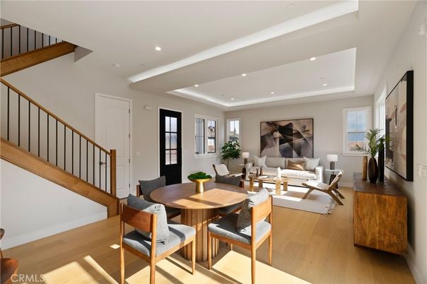 Dining room, Interior, Living room, Recessed Lighting, Wood Texture Flooring